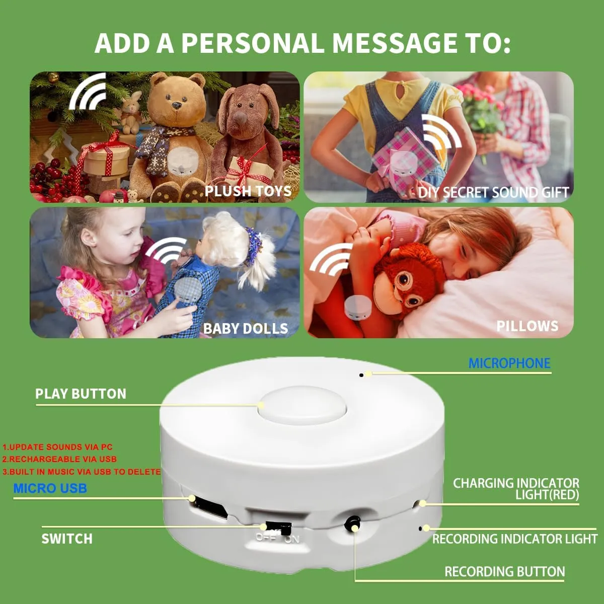 16 Min Voice Recorder,DIY Voice Recording Button for Stuffed Animals, Bear,Plush, Baby Doll Toy,Pillow. Record Custom Messages for Xmas Halloween New Year Birthday Creative Presents-White