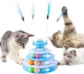 2 in 1 Cat Interactive Toy Roller 3-Level Turntable Cat Slow Feeder Food Dispenser Wand (Blue-C)