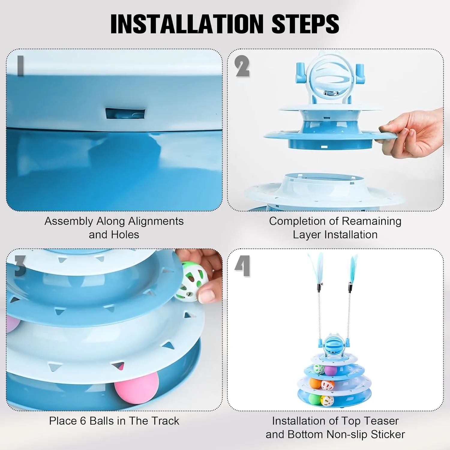 2 in 1 Cat Interactive Toy Roller 3-Level Turntable Cat Slow Feeder Food Dispenser Wand (Blue-C)