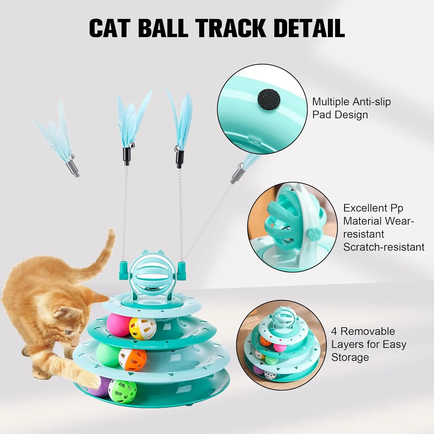 2 in 1 Interactive Cat Toy - 3-Level Turntable, Slow Feeder Food Dispenser, Wand (Green-C)