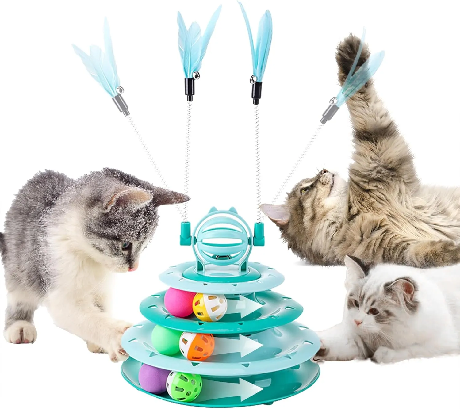 2 in 1 Interactive Cat Toy - 3-Level Turntable, Slow Feeder Food Dispenser, Wand (Green-C)