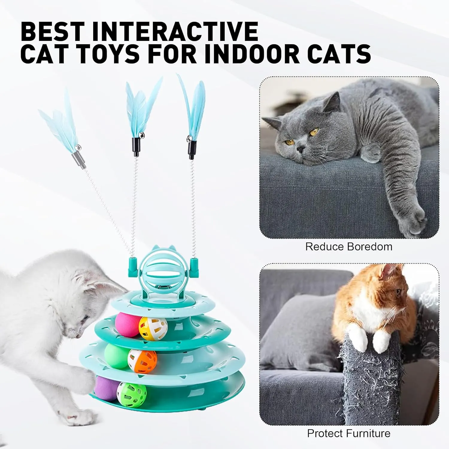 2 in 1 Interactive Cat Toy - 3-Level Turntable, Slow Feeder Food Dispenser, Wand (Green-C)