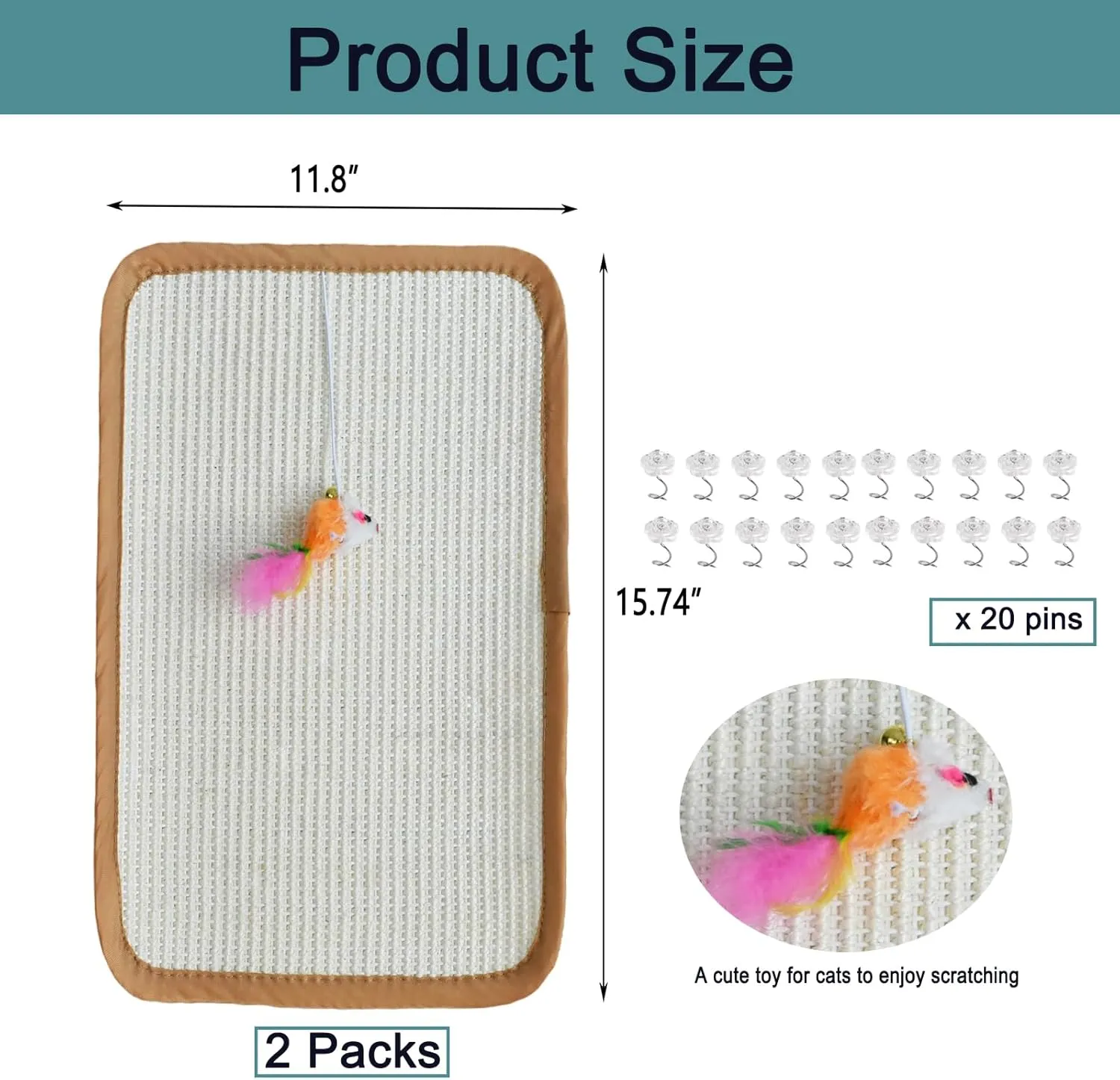 2 Pcs Natural Sisal Cat Scratcher Mat,Cat Scratching Pad with A Play Toy for Protector Fabric Sofa,Wall,Furniture and Door from Kittens Scratching