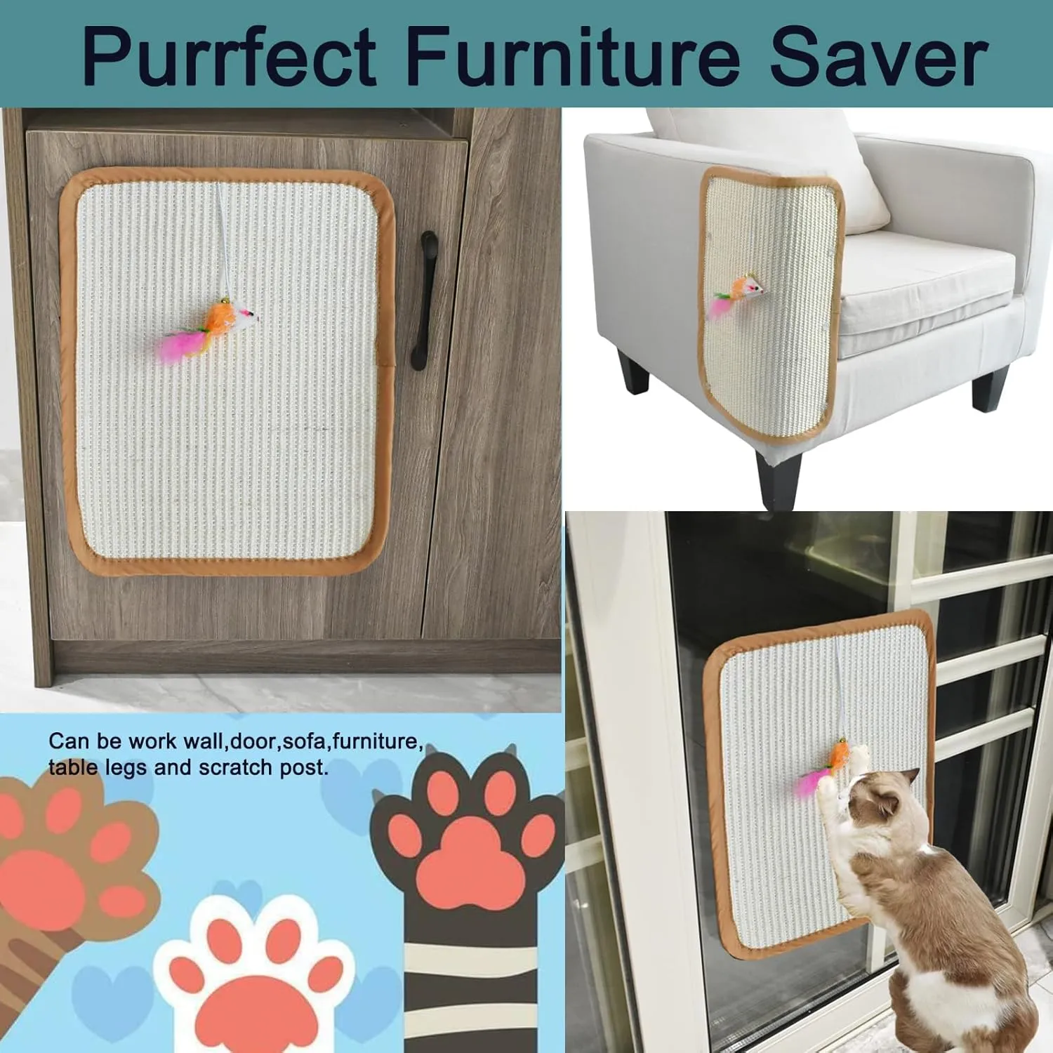 2 Pcs Natural Sisal Cat Scratcher Mat,Cat Scratching Pad with A Play Toy for Protector Fabric Sofa,Wall,Furniture and Door from Kittens Scratching