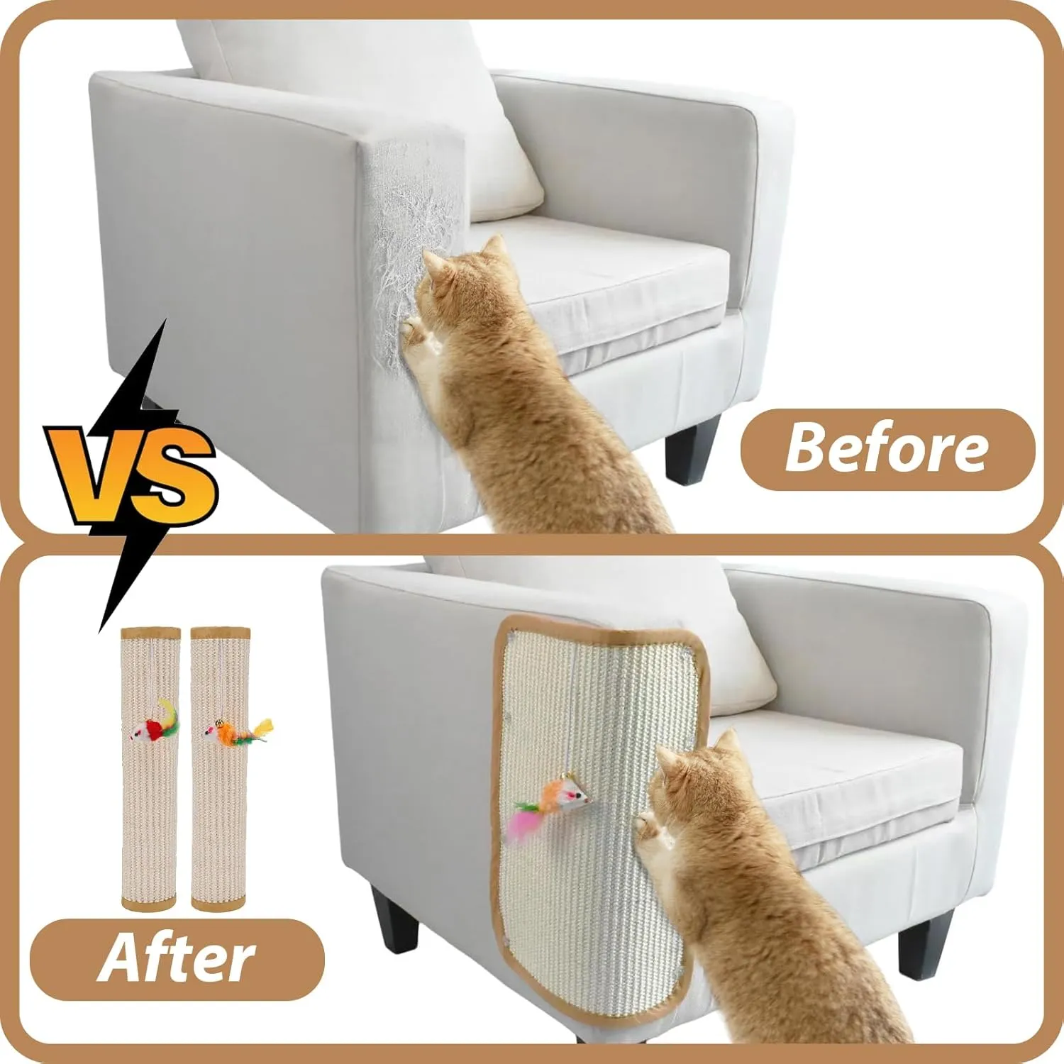 2 Pcs Natural Sisal Cat Scratcher Mat,Cat Scratching Pad with A Play Toy for Protector Fabric Sofa,Wall,Furniture and Door from Kittens Scratching