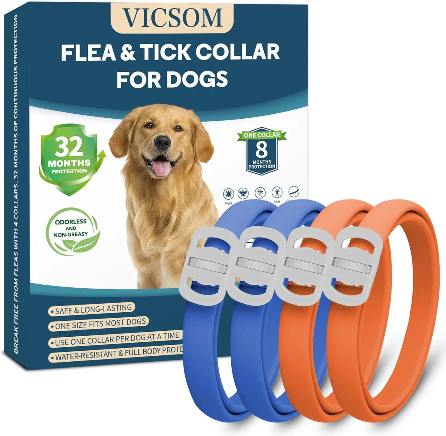 4 Pack Flea Collar for Dogs, 32 Months Flea and Tick Prevention for Dogs, Waterproof Dog Flea Collar, Dog Flea and Tick Treatment, Adjustable Flea and Tick Collar for Dogs Puppy -Blue & Orange
