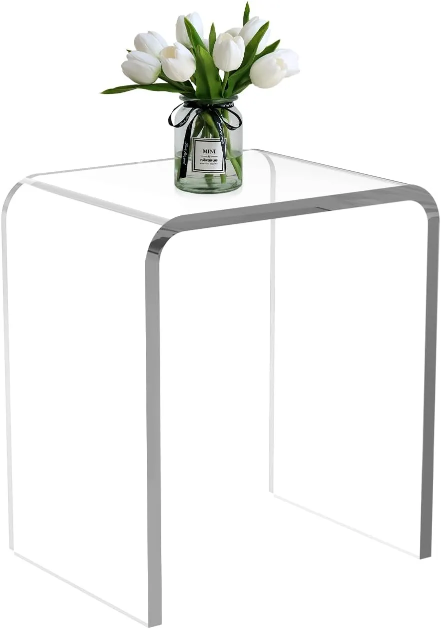 Acrylic Side Table, 18" H x 16" W x 12" D x 3/5'' Thick Clear Small End Table, Transparent Nightstand and Stool for Home Office, Living Room and Bedroom