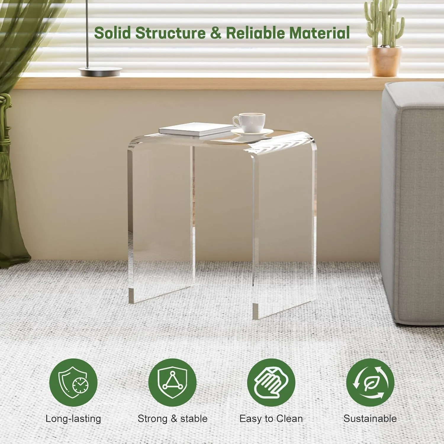 Acrylic Side Table, 18" H x 16" W x 12" D x 3/5'' Thick Clear Small End Table, Transparent Nightstand and Stool for Home Office, Living Room and Bedroom