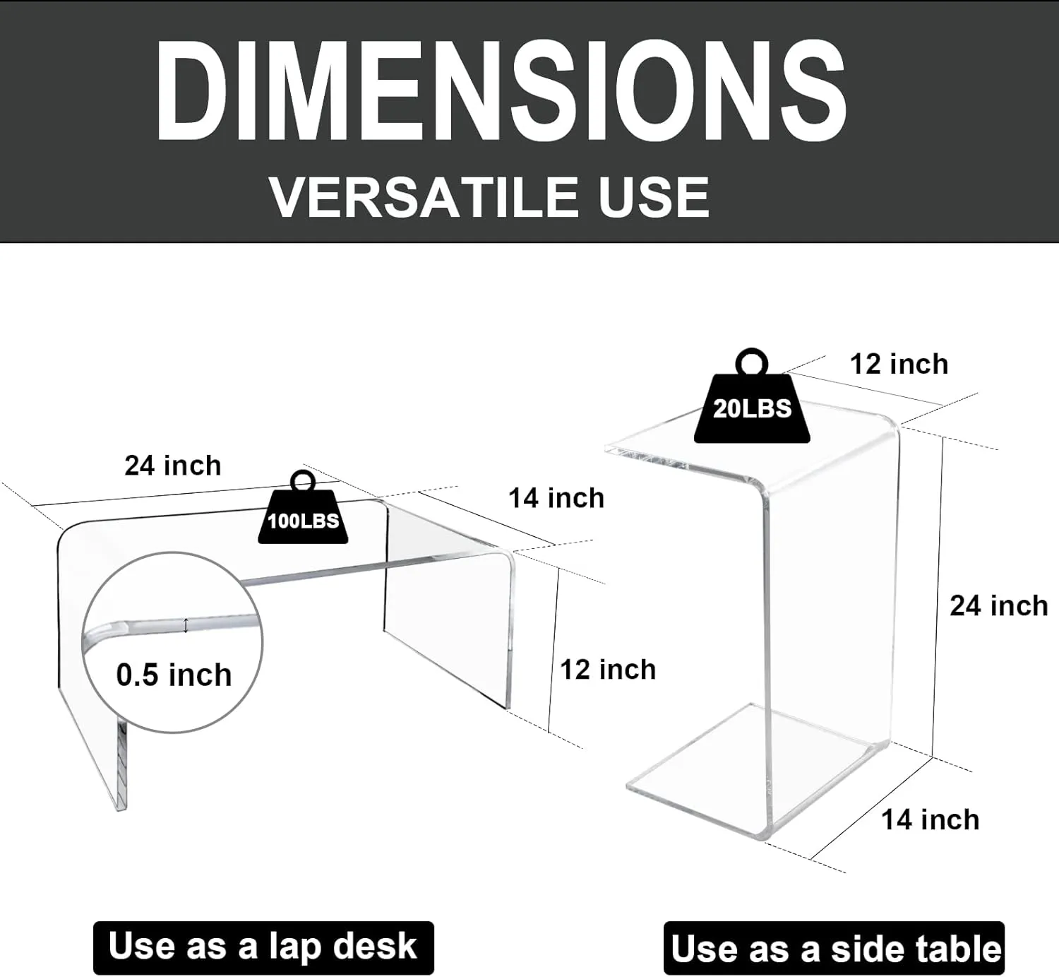 Acrylic Side Table, 24" H x 14" W x 12" D Clear Multipurpose C-Shape End Table Bed Desk Laptop Table for Living Room Bedroom Balcony Patio and Office