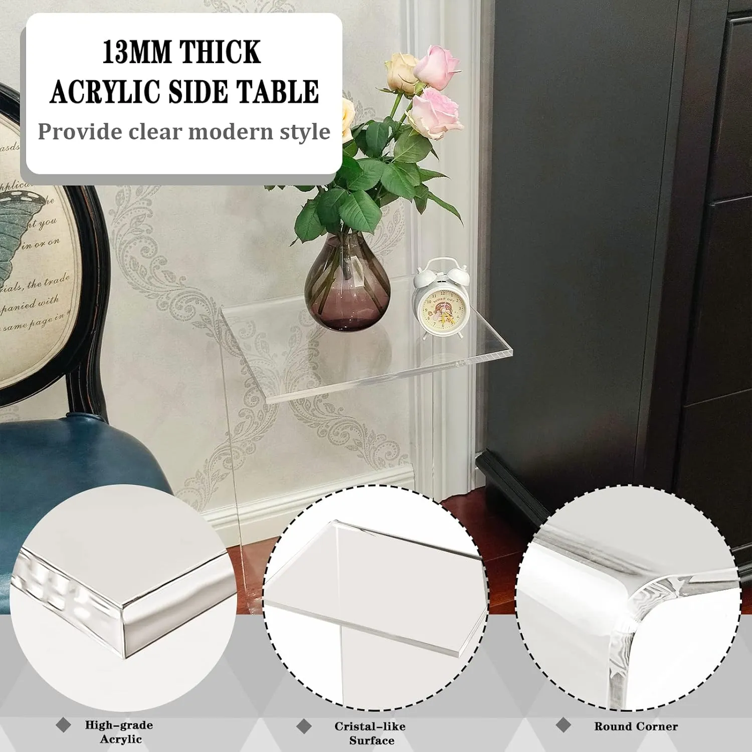 Acrylic Side Table, 24" H x 14" W x 12" D Clear Multipurpose C-Shape End Table Bed Desk Laptop Table for Living Room Bedroom Balcony Patio and Office