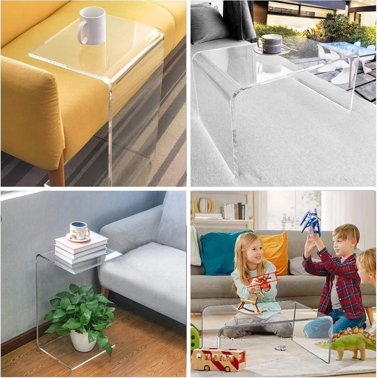 Acrylic Side Table, 24" H x 14" W x 12" D Clear Multipurpose C-Shape End Table Bed Desk Laptop Table for Living Room Bedroom Balcony Patio and Office