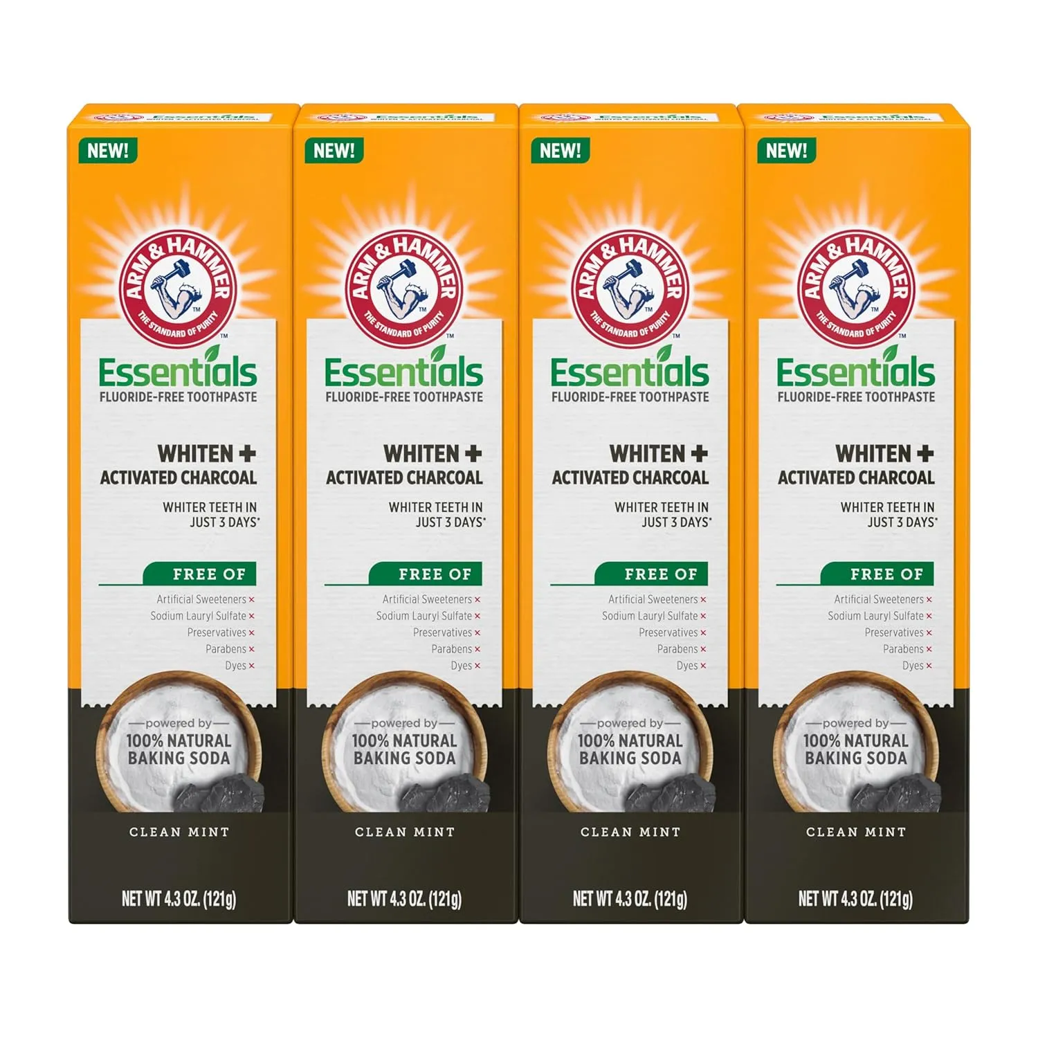ARM & HAMMER Essentials Fluoride-Free Toothpaste Whiten   Activated Charcoal-4 Pack of 4.3oz Tubes, Clean Mint- 100% Natural Baking Soda