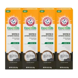 ARM & HAMMER Essentials Fluoride-Free Toothpaste Whiten   Activated Charcoal-4 Pack of 4.3oz Tubes, Clean Mint- 100% Natural Baking Soda