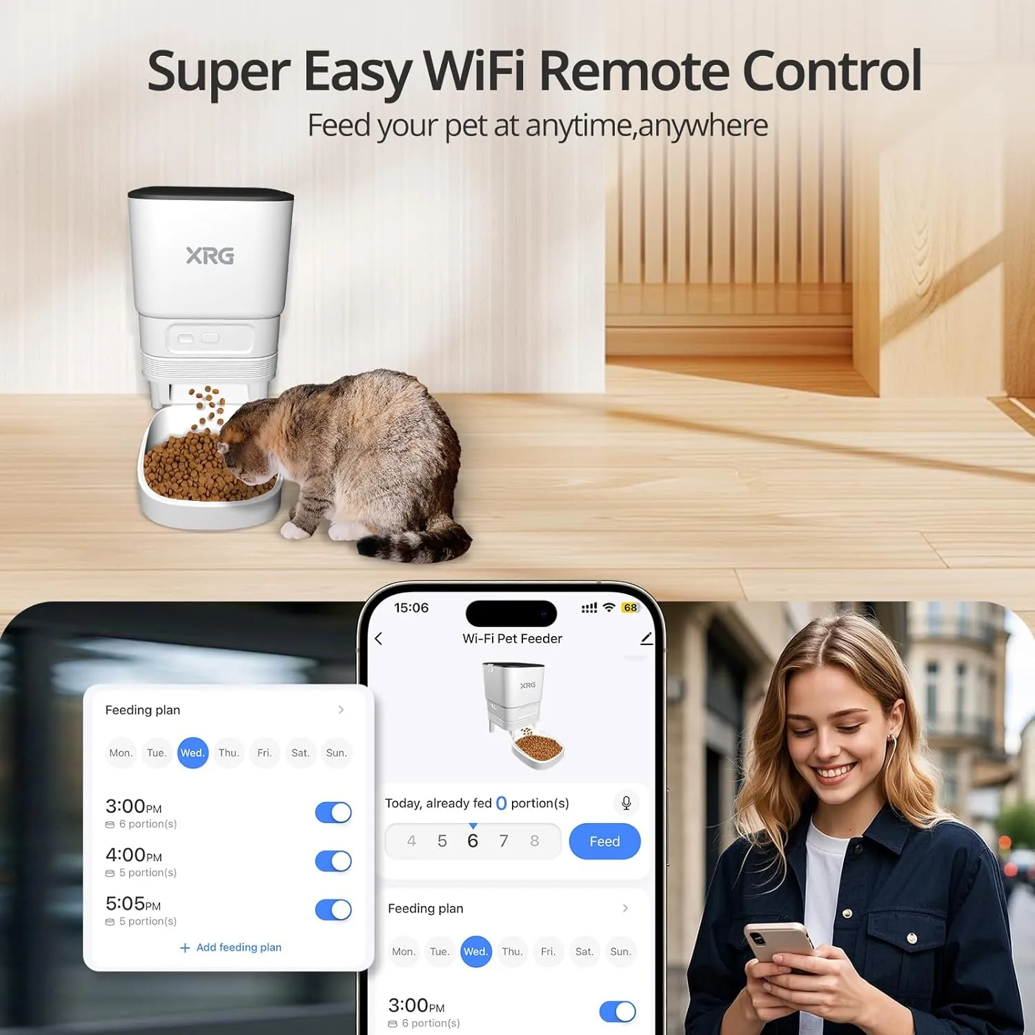 Automatic Cat Feeder WiFi,Auto Dog Feeder Double Anti-Blocking,WiFi Timed Cat Feeder 10-Meal A Day,Dog Food Dispenser Dual Power with 10s Voice Recorder,Cat Food Dispenser Easy Install & Clean,White