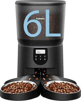 Automatic Cat Feeders for 2Cats, 6L/25cup Automatic Cat Food Dispenser with 2 Stainless Pet Bowls,10s Meal Call Timer Setting 20 Portions 4Meals Per Day, Timed Pet Feeder for Cats Dog Indoor Dry Food