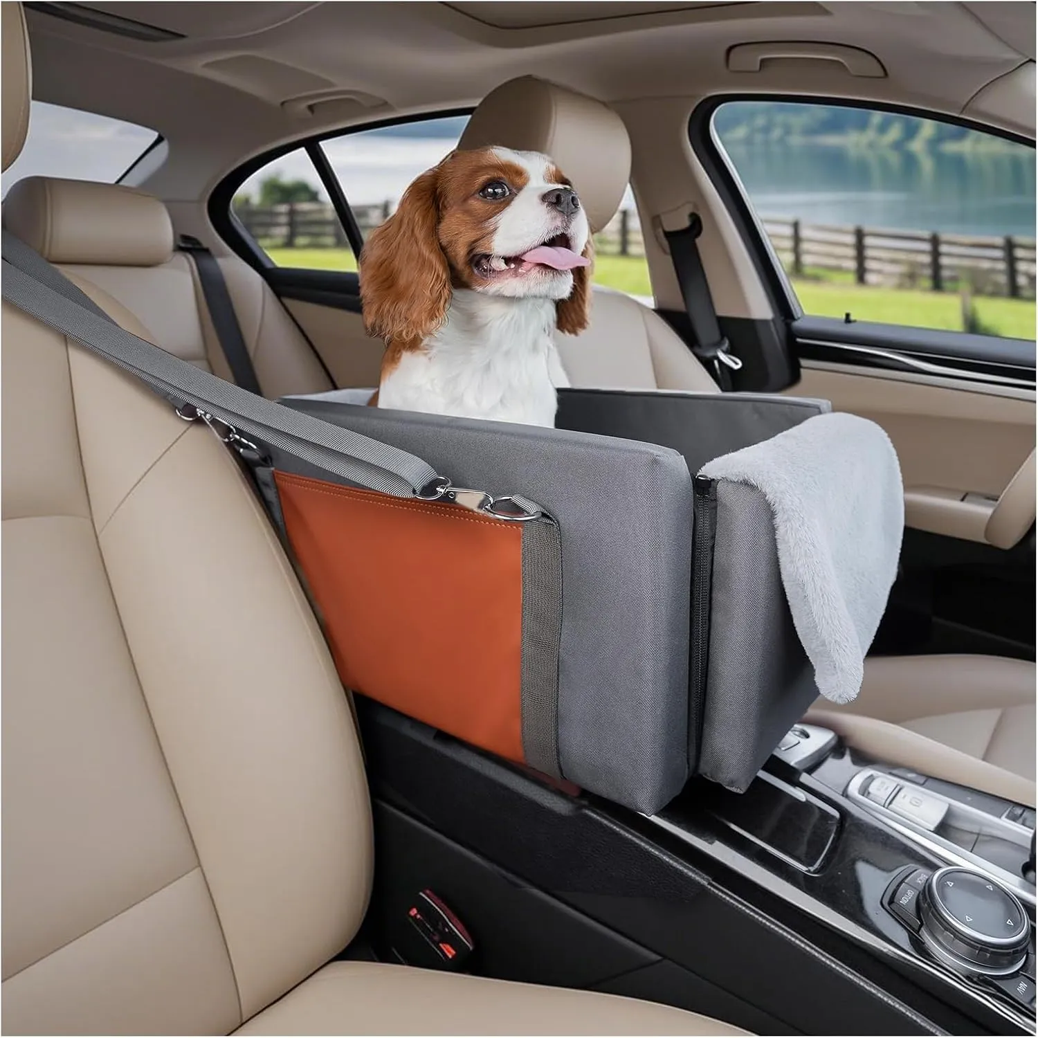 Avont Center Console Dog Car Seat, Armrest Middle Console Booster Travel Carrier for Small Dogs Cats, Well-Cushioned, Anti-Anxiety -Dark Grey