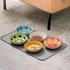 Boho 5 Ceramic Cat Bowls with Silicone Mat, 5.5 inch Wide Shallow Cat Food Bowl for Whisker Relief