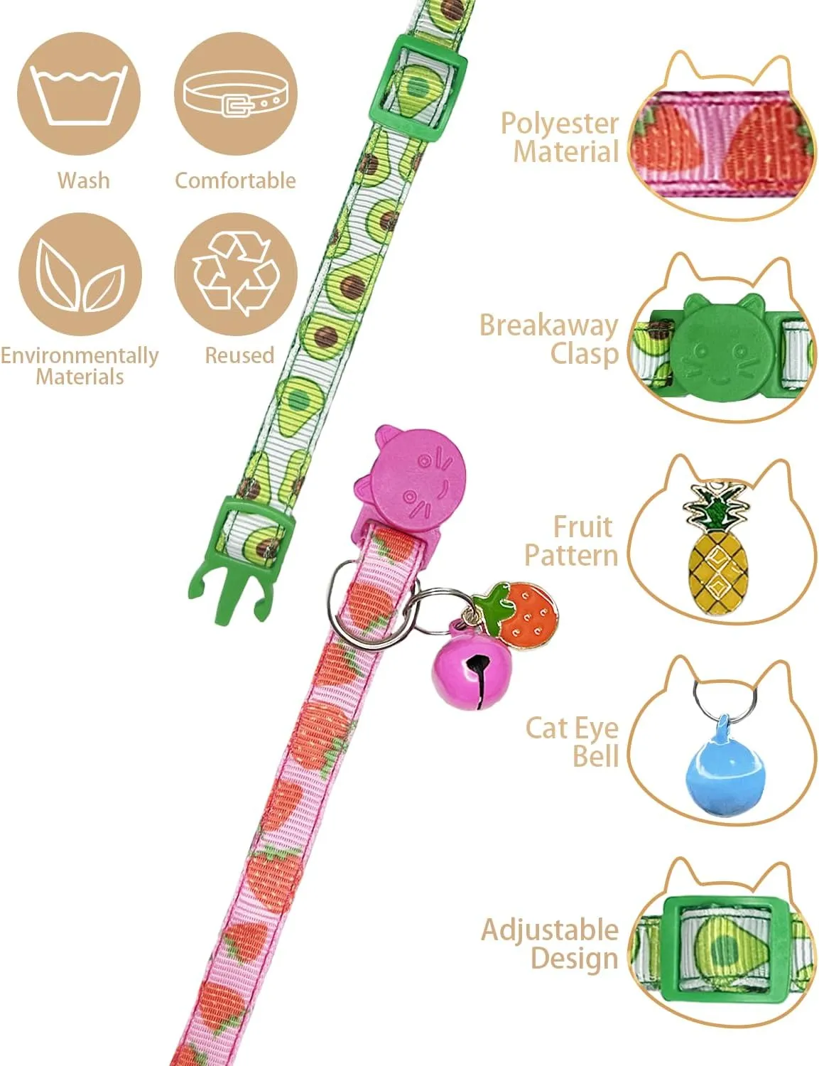 Cat Collar 4-Pack - Breakaway Cat Collar with Bells for Girl Cats and Boy Cats,Adjustable 8.7"-11.4" Kitten Collar (Fruity Collar)