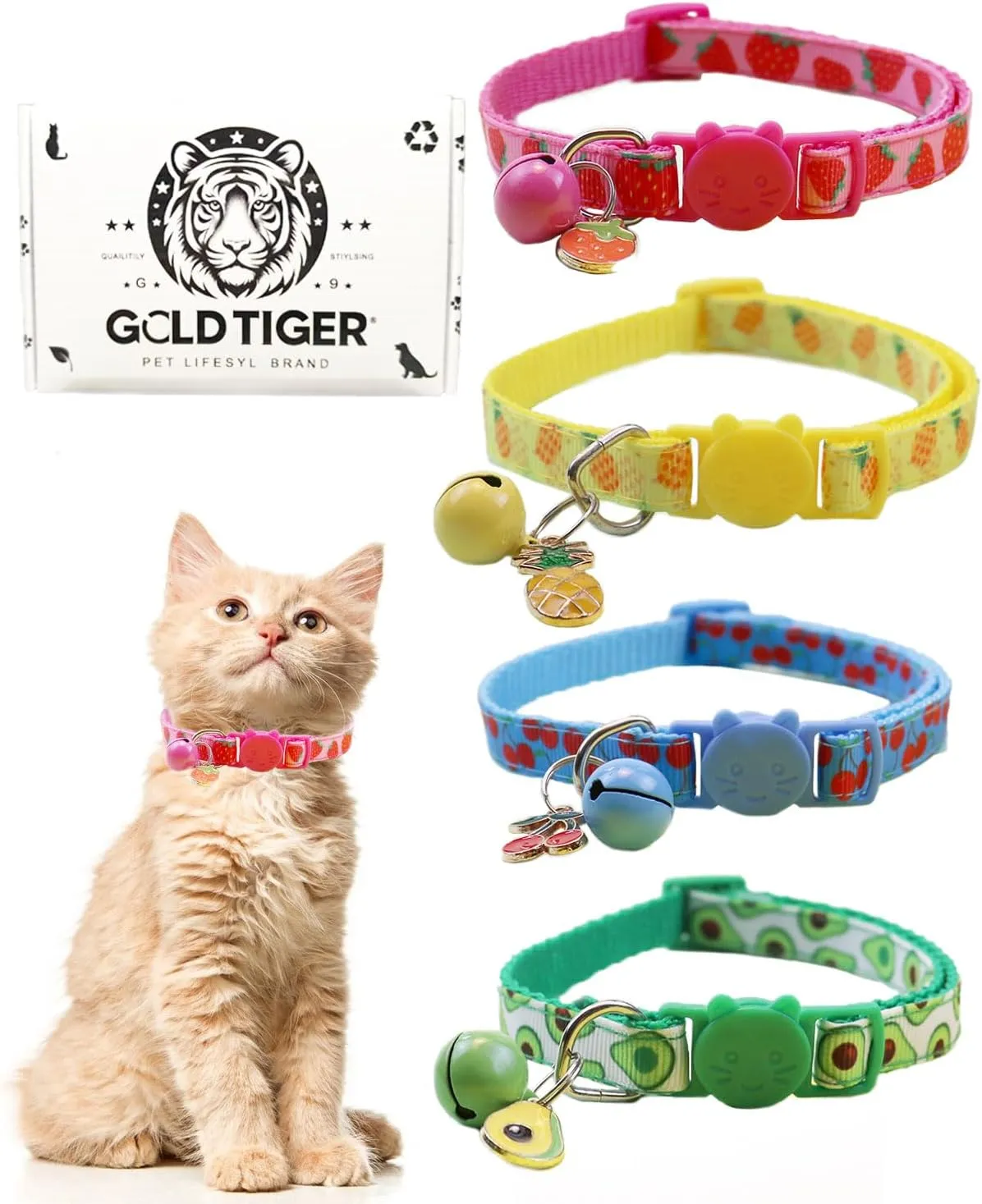 Cat Collar 4-Pack - Breakaway Cat Collar with Bells for Girl Cats and Boy Cats,Adjustable 8.7"-11.4" Kitten Collar (Fruity Collar)