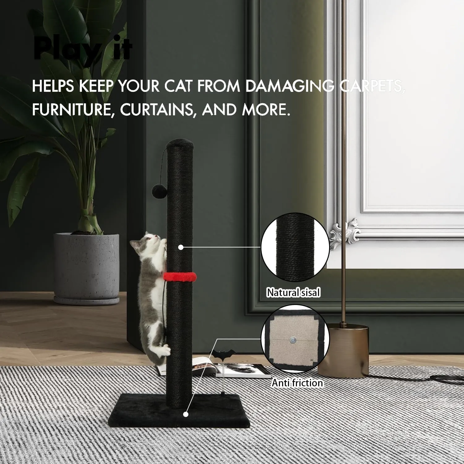 Cat Scratching Post Premium Sisal Scratch Posts with Hanging Ball Vertical Scratcher for Indoor Cats and Kittens,Black