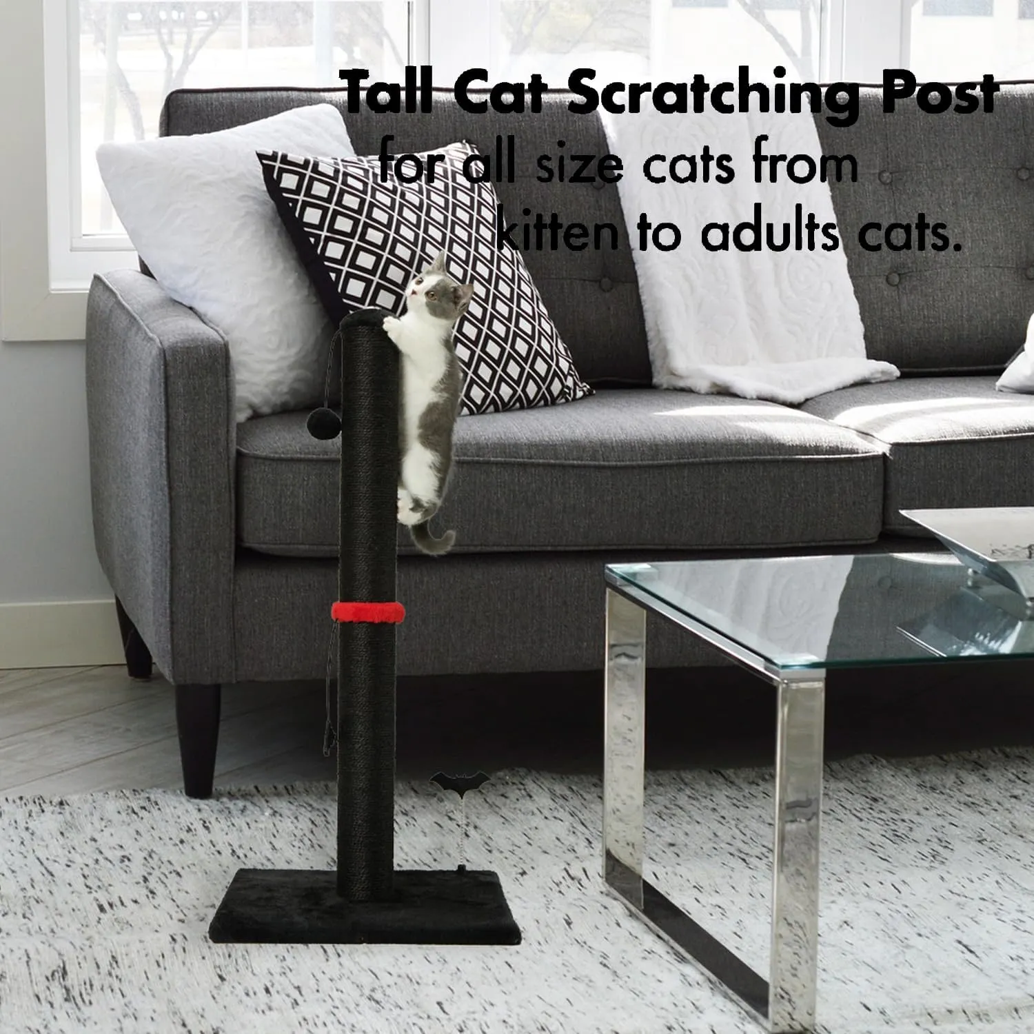 Cat Scratching Post Premium Sisal Scratch Posts with Hanging Ball Vertical Scratcher for Indoor Cats and Kittens,Black