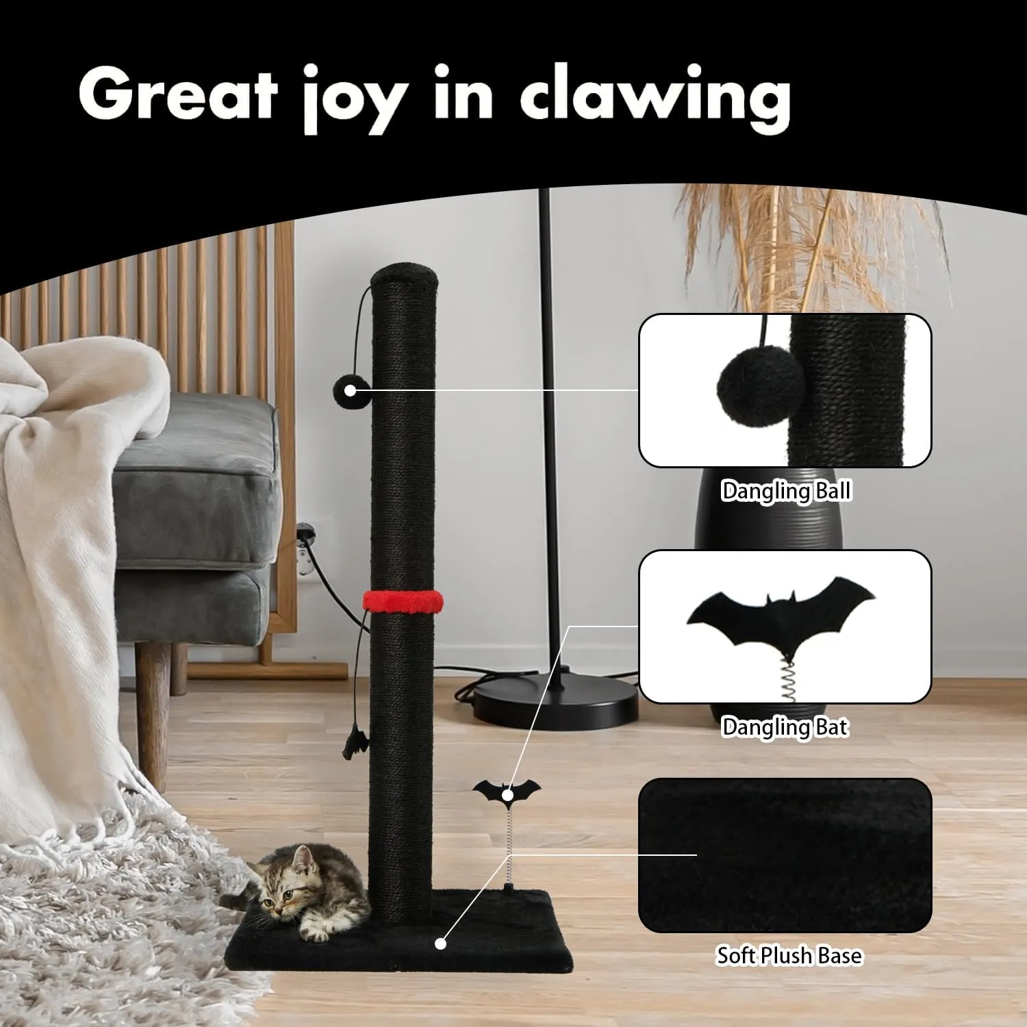 Cat Scratching Post Premium Sisal Scratch Posts with Hanging Ball Vertical Scratcher for Indoor Cats and Kittens,Black