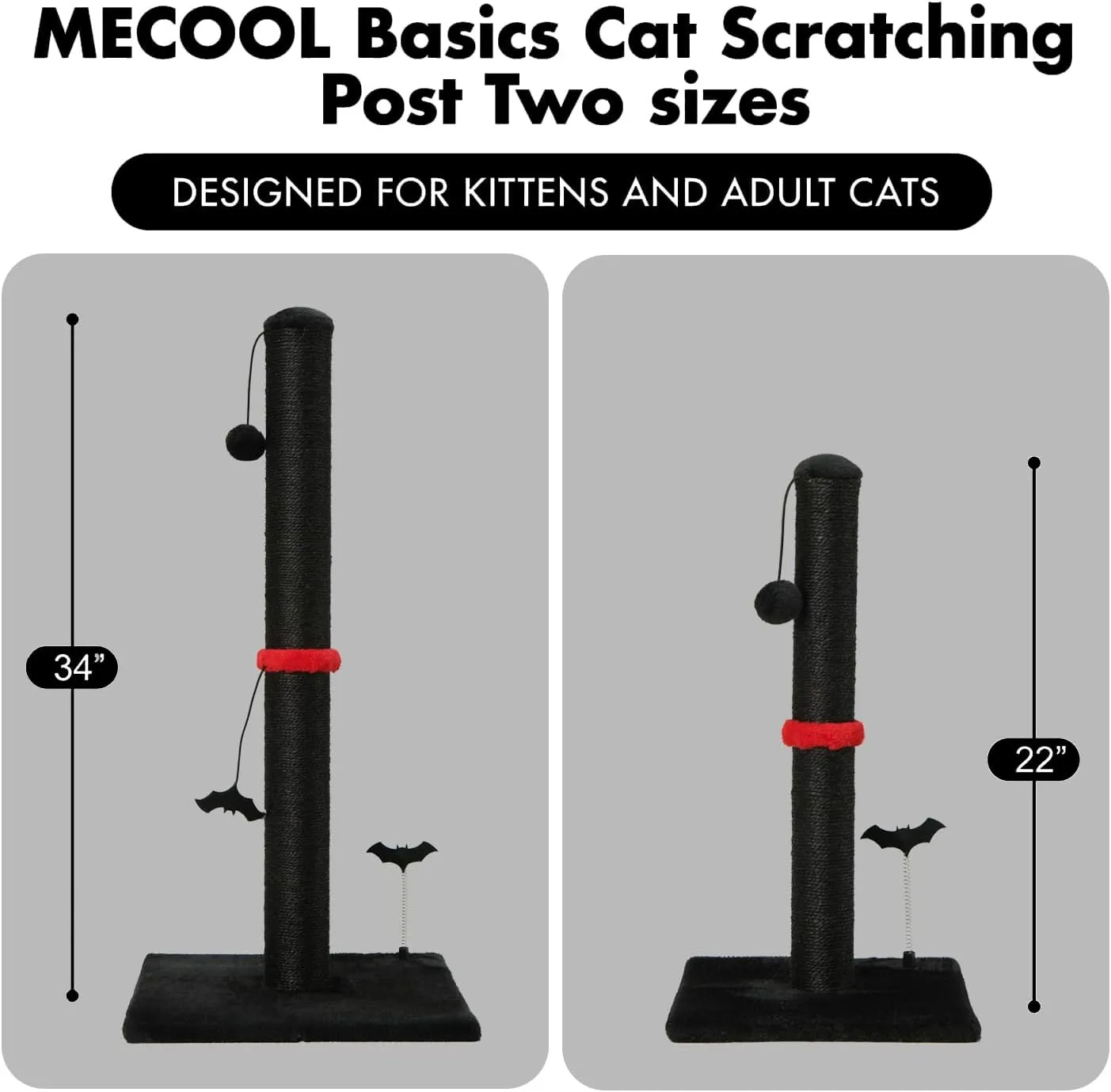 Cat Scratching Post Premium Sisal Scratch Posts with Hanging Ball Vertical Scratcher for Indoor Cats and Kittens,Black