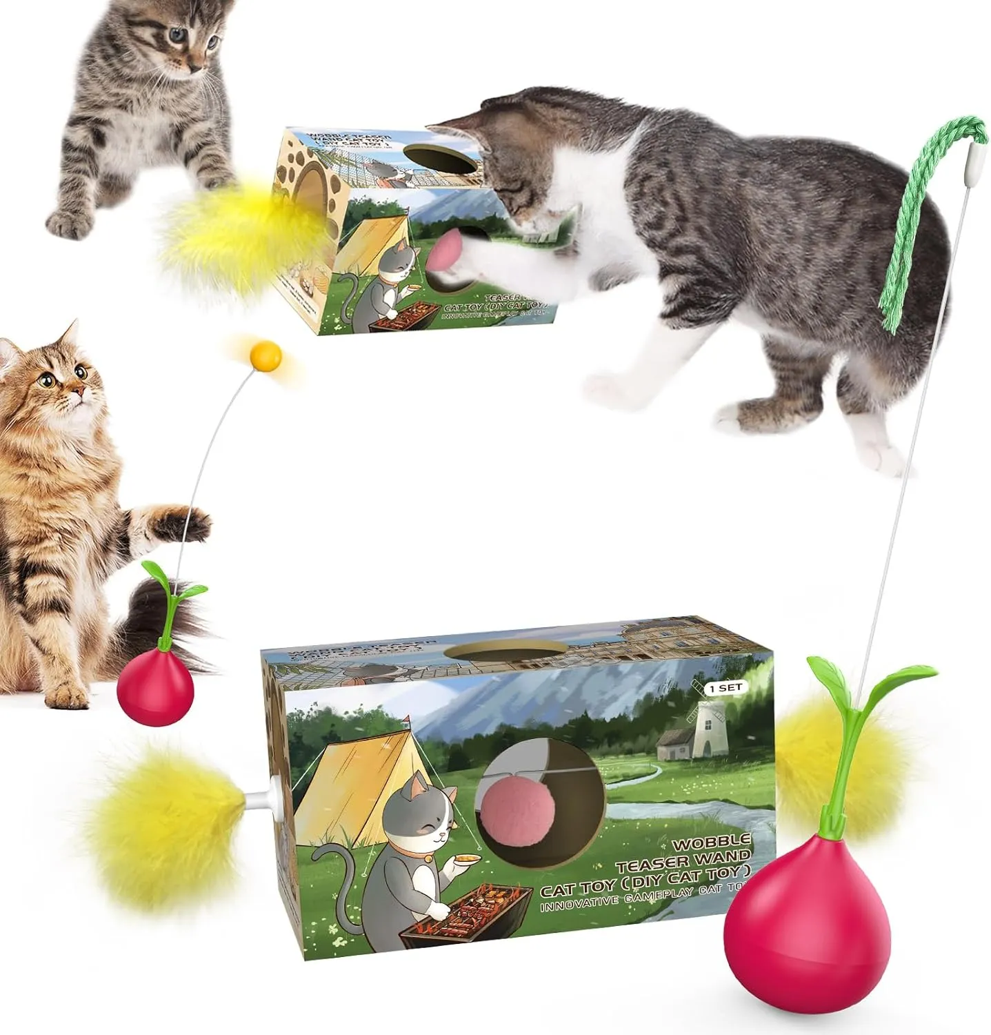 Cat Toys for Indoor Cats Interactive Bored Kitten Wobble Teaser Wand Feather Toy Kitty Birthday Gift to Keep Them Busy