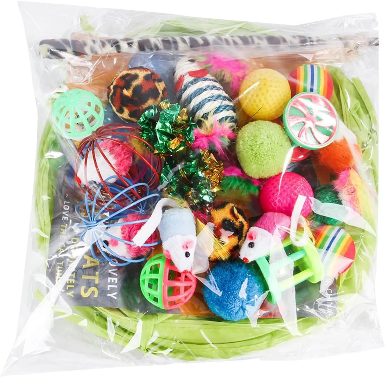 Cat Toys Toys Set 21 PCS Toys Assortments Including Tunnel Cat Feather Teaser Wand Sisal Mice Bell Crinkle Interactive Cat Toys for Indoor Cats (Green, One Size)