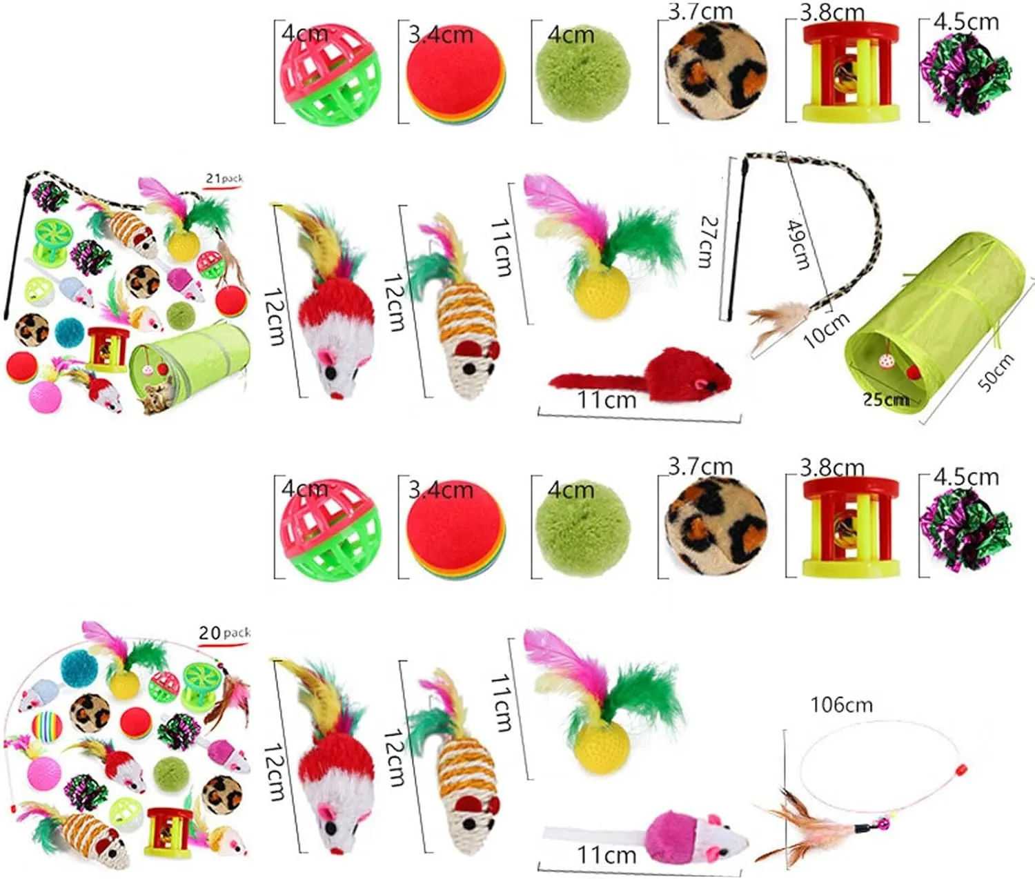 Cat Toys Toys Set 21 PCS Toys Assortments Including Tunnel Cat Feather Teaser Wand Sisal Mice Bell Crinkle Interactive Cat Toys for Indoor Cats (Green, One Size)