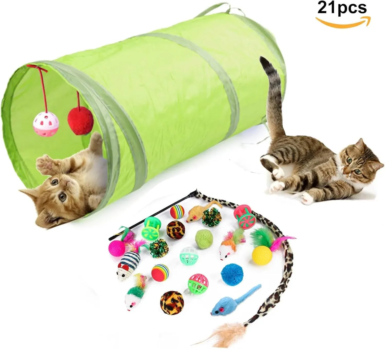 Cat Toys Toys Set 21 PCS Toys Assortments Including Tunnel Cat Feather Teaser Wand Sisal Mice Bell Crinkle Interactive Cat Toys for Indoor Cats (Green, One Size)
