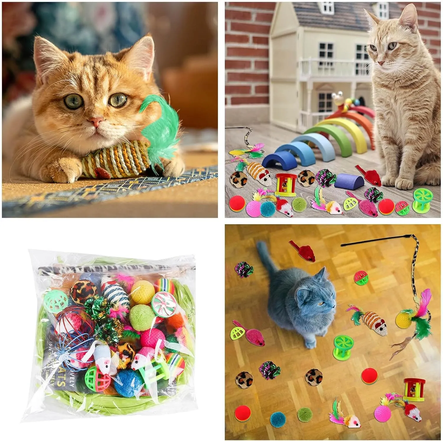 Cat Toys Toys Set 21 PCS Toys Assortments Including Tunnel Cat Feather Teaser Wand Sisal Mice Bell Crinkle Interactive Cat Toys for Indoor Cats (Green, One Size)
