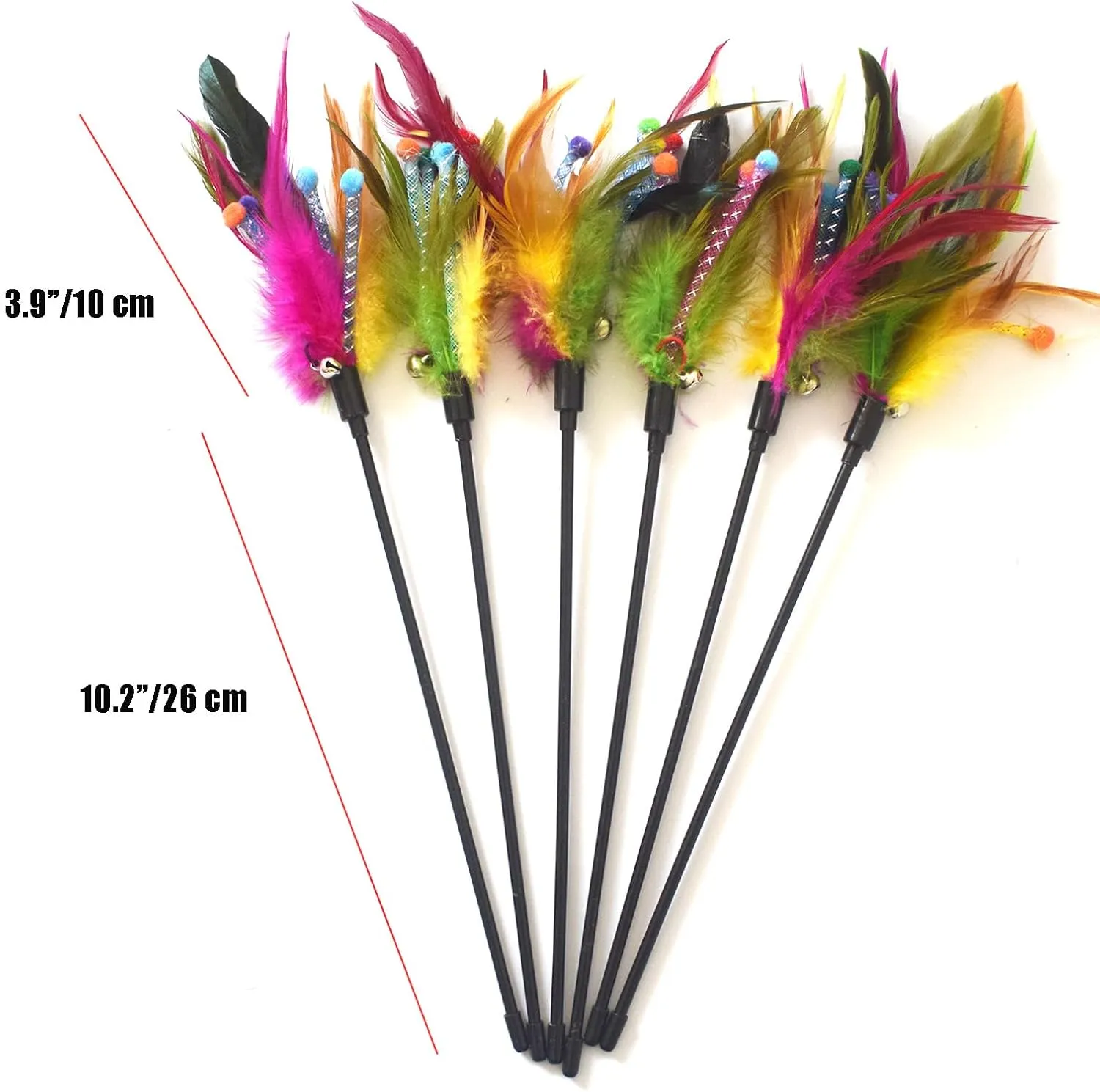Cat Wands, 6 PCS Natural Feather Stick Interactive Kitten Toys with Bell Safe Cat Teaser Wand for Indoor, All Breed Sizes