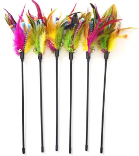 Cat Wands, 6 PCS Natural Feather Stick Interactive Kitten Toys with Bell Safe Cat Teaser Wand for Indoor, All Breed Sizes