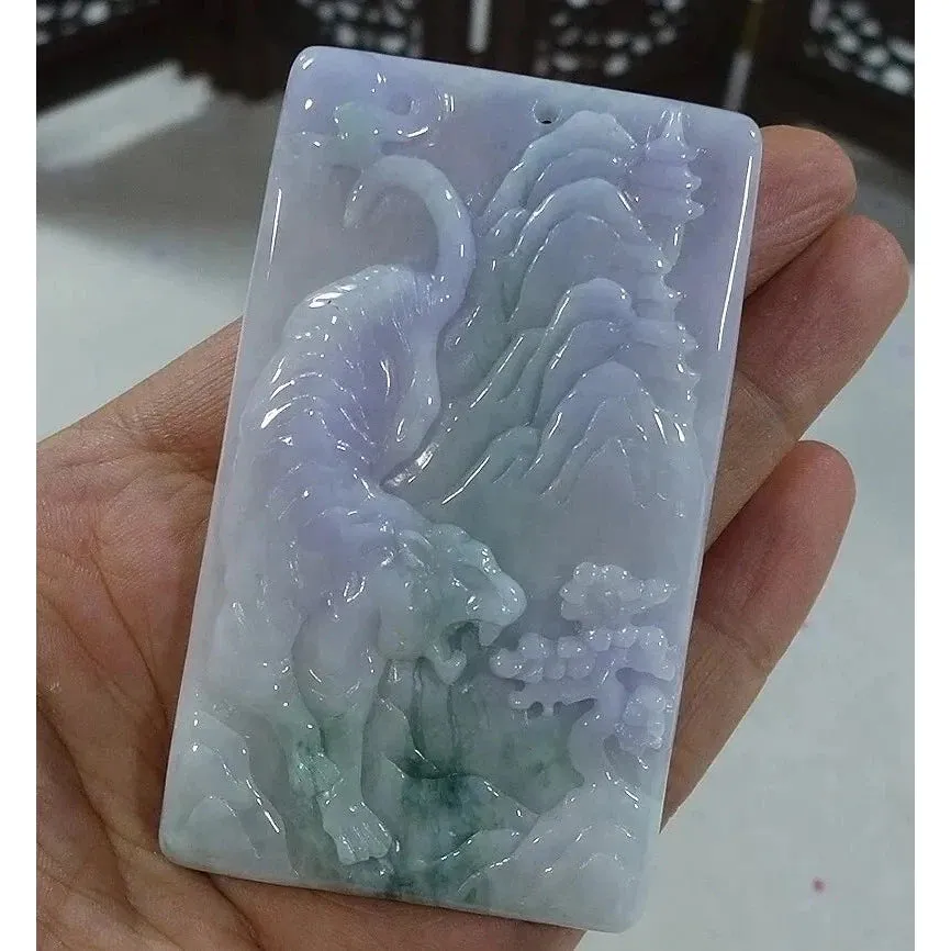 Certified Natural Type A Lavender Green Jadeite Jade Big Scene Tiger Pendant