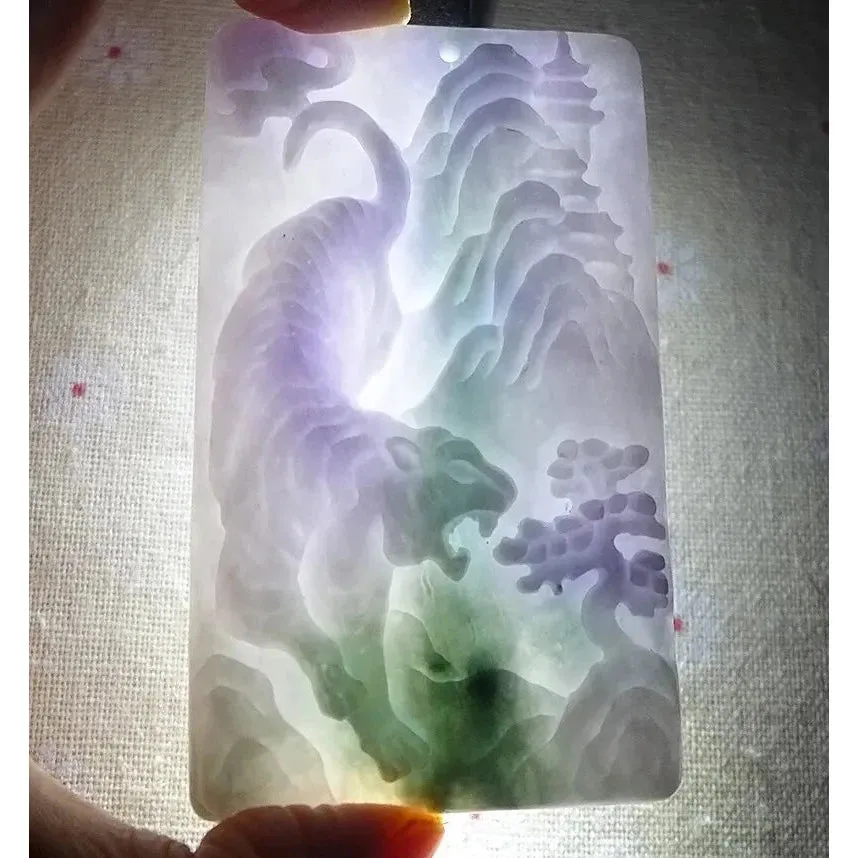 Certified Natural Type A Lavender Green Jadeite Jade Big Scene Tiger Pendant