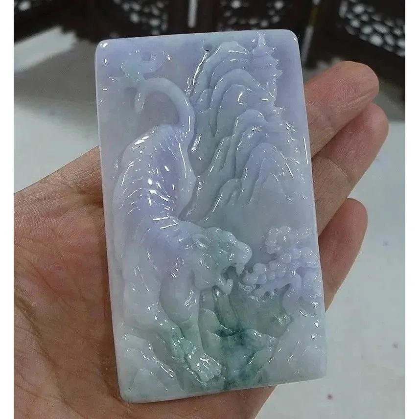Certified Natural Type A Lavender Green Jadeite Jade Big Scene Tiger Pendant