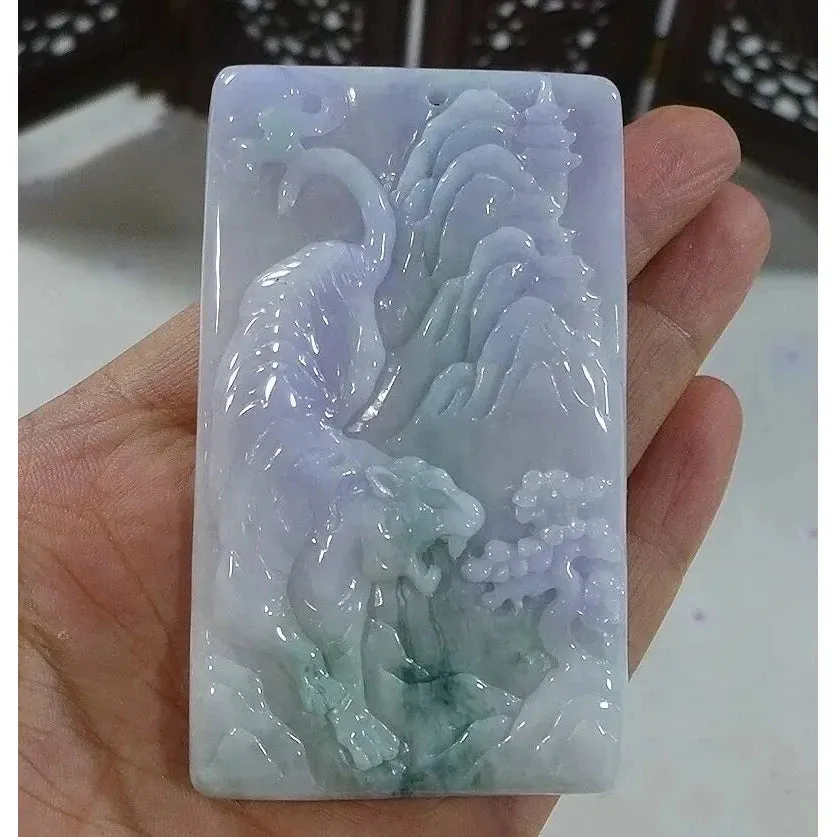 Certified Natural Type A Lavender Green Jadeite Jade Big Scene Tiger Pendant