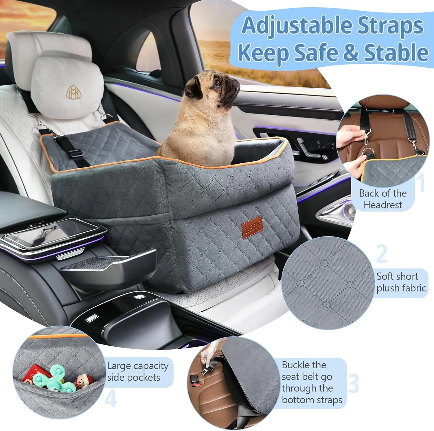 Dog Car Seat for Small Medium Dogs, Memory Foam Dog Booster Car Seat for Dogs 0-35 lbs, Anti-Slip Pet Car Seat with 2 Adjustable Leashes, Elevated Dog Car Travel Bed with Storage Pockets