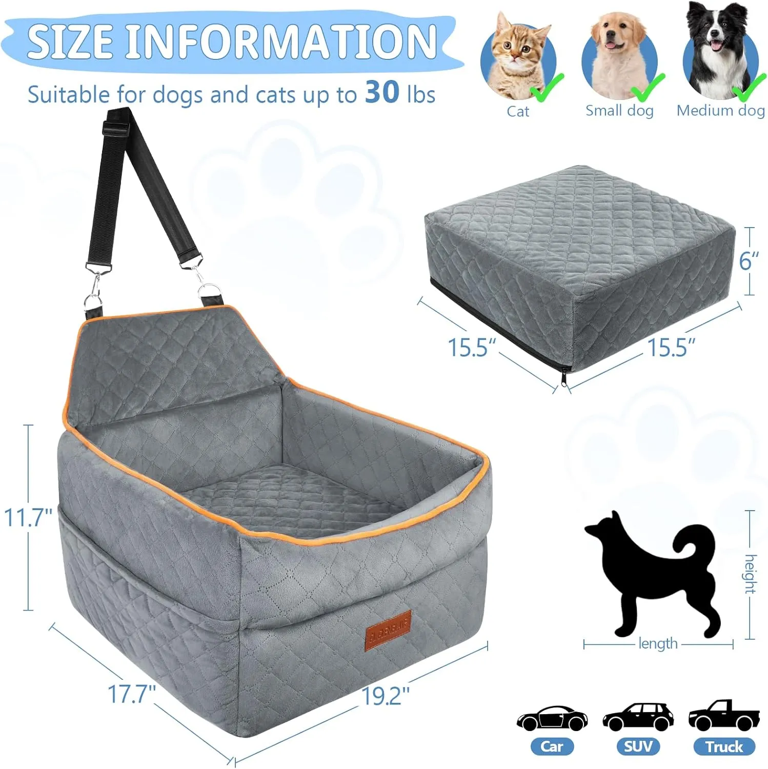 Dog Car Seat for Small Medium Dogs, Memory Foam Dog Booster Car Seat for Dogs 0-35 lbs, Anti-Slip Pet Car Seat with 2 Adjustable Leashes, Elevated Dog Car Travel Bed with Storage Pockets