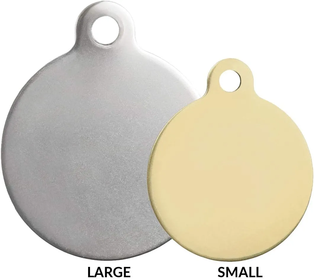 DogIDs Personalized Crown Design Circle Shaped Dog Identification Tag, Custom Laser Engraved Double Sided ID Tag with S-Hook and Split Ring - Brass, Large, 1 1/4 in