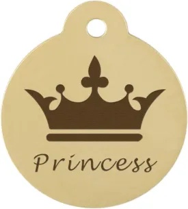 DogIDs Personalized Crown Design Circle Shaped Dog Identification Tag, Custom Laser Engraved Double Sided ID Tag with S-Hook and Split Ring - Brass, Large, 1 1/4 in