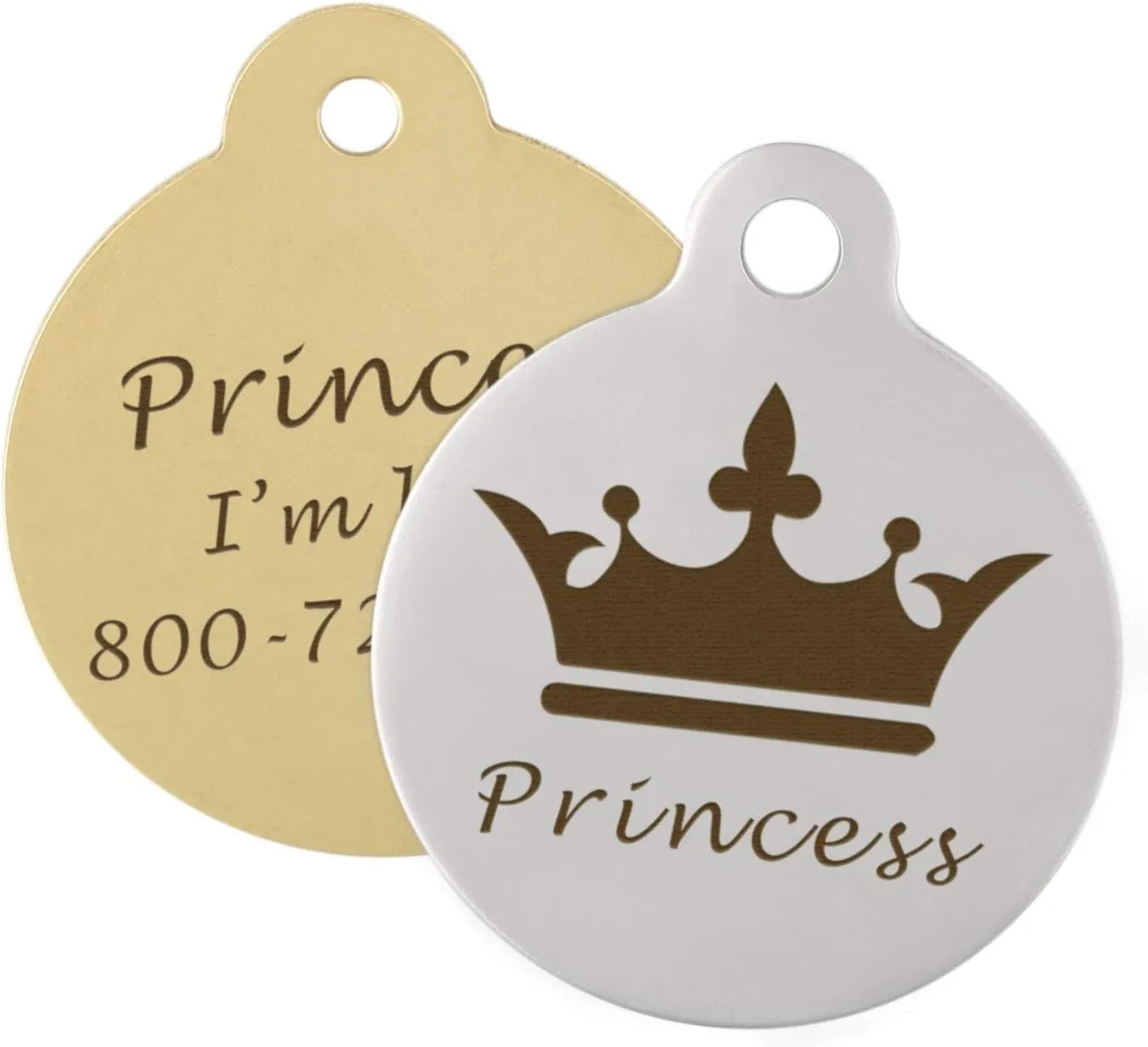 DogIDs Personalized Crown Design Circle Shaped Dog Identification Tag, Custom Laser Engraved Double Sided ID Tag with S-Hook and Split Ring - Brass, Large, 1 1/4 in