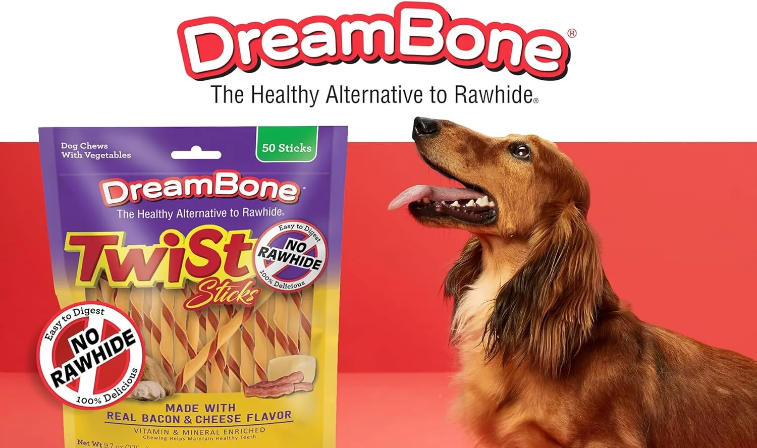 DreamBone Twist Sticks With Real Bacon And Cheese Flavor, Rawhide-Free Chews For Dogs, 50 Count (Pack of 1)