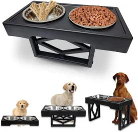 Elevated Dog Bowls - 3 Height Adjustable Raised Stand with 2 Stainless Steel Food Bowls, Each with 7 Cup Capacity - Non-Slip Design for Small, Medium, and Large Dogs - Black