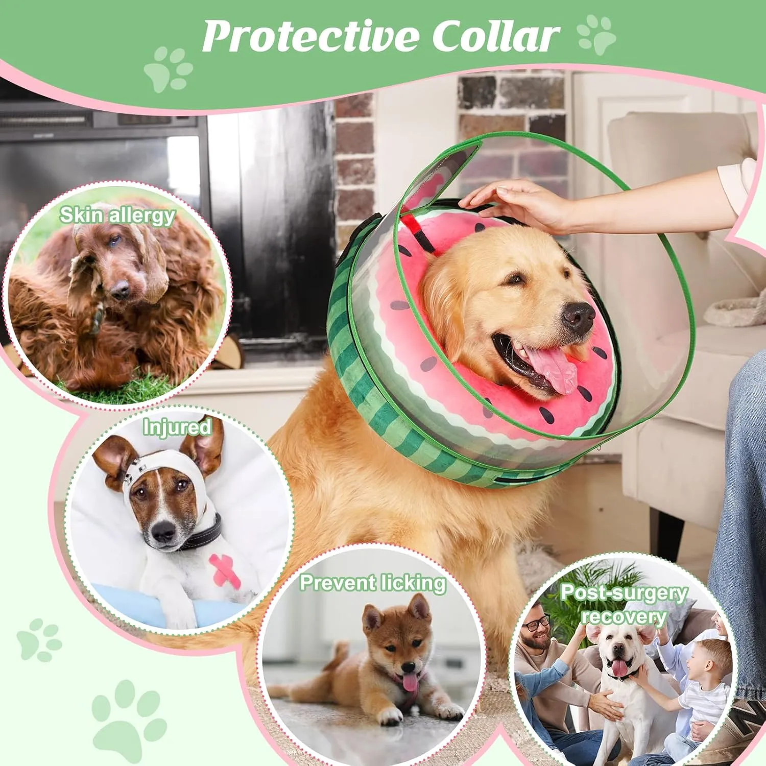 Inflatable Dog Cone, Watermelon Donut Collar After Surgery, Donut Cone with Detachable Anti-Licking Shield, Soft Recovery Collar for Large Medium Pets Does Not Block View