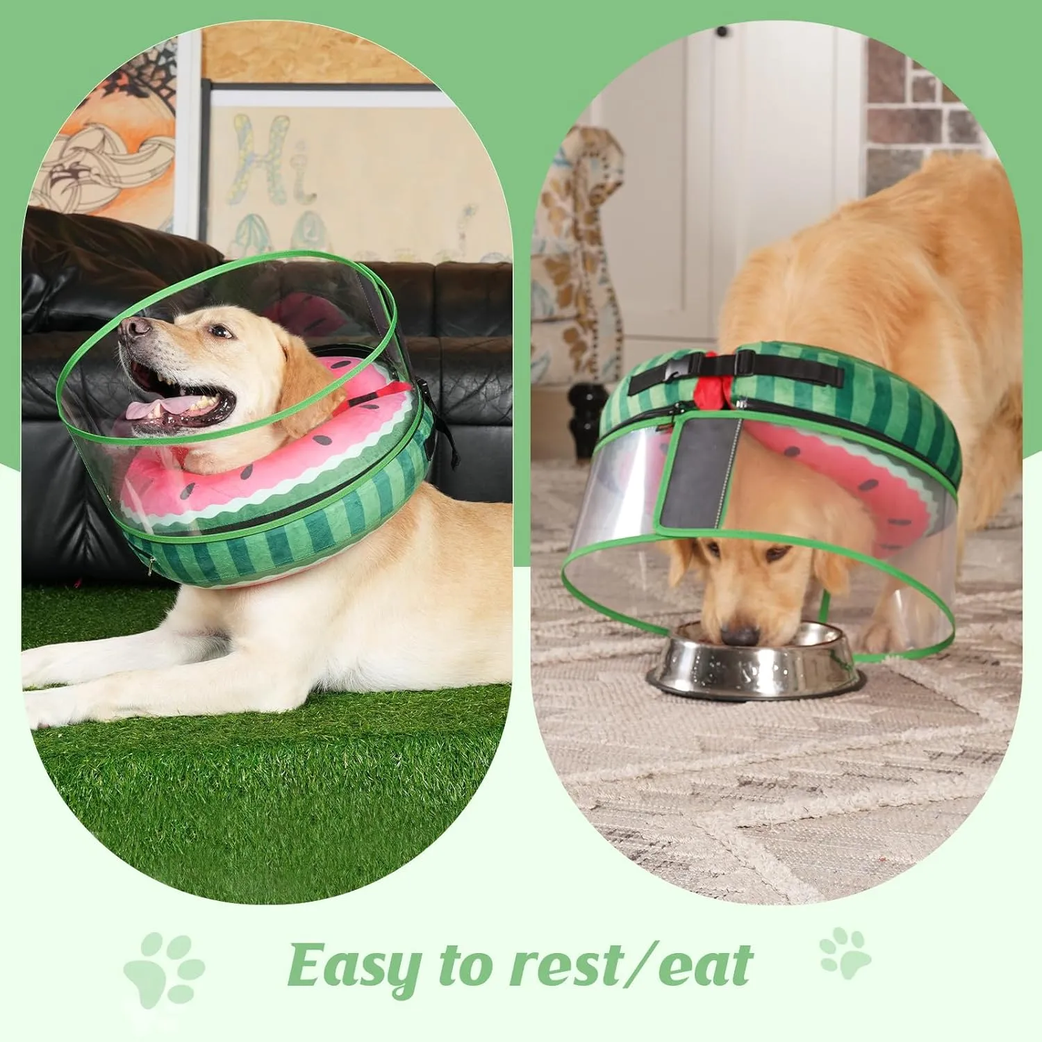 Inflatable Dog Cone, Watermelon Donut Collar After Surgery, Donut Cone with Detachable Anti-Licking Shield, Soft Recovery Collar for Large Medium Pets Does Not Block View