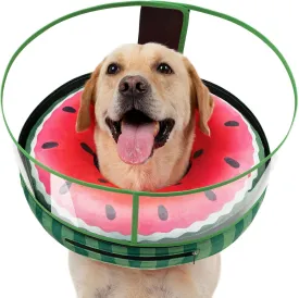 Inflatable Dog Cone, Watermelon Donut Collar After Surgery, Donut Cone with Detachable Anti-Licking Shield, Soft Recovery Collar for Large Medium Pets Does Not Block View