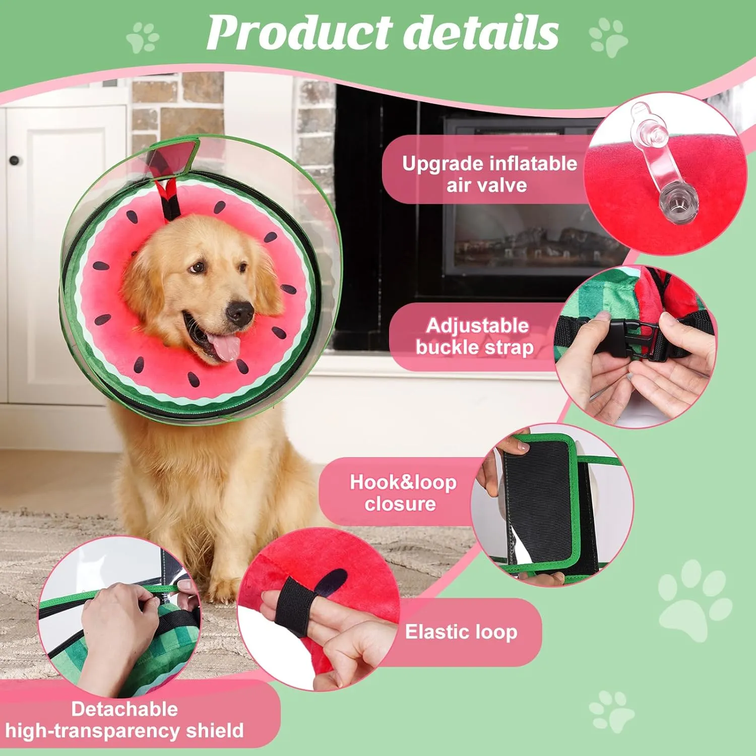 Inflatable Dog Cone, Watermelon Donut Collar After Surgery, Donut Cone with Detachable Anti-Licking Shield, Soft Recovery Collar for Large Medium Pets Does Not Block View