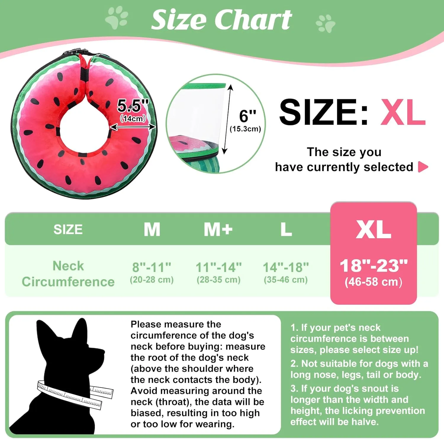 Inflatable Dog Cone, Watermelon Donut Collar After Surgery, Donut Cone with Detachable Anti-Licking Shield, Soft Recovery Collar for Large Medium Pets Does Not Block View
